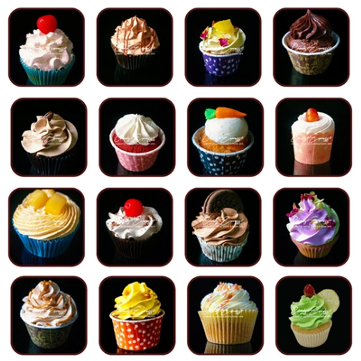 Assorted colorful cupcakes with various frostings and toppings.