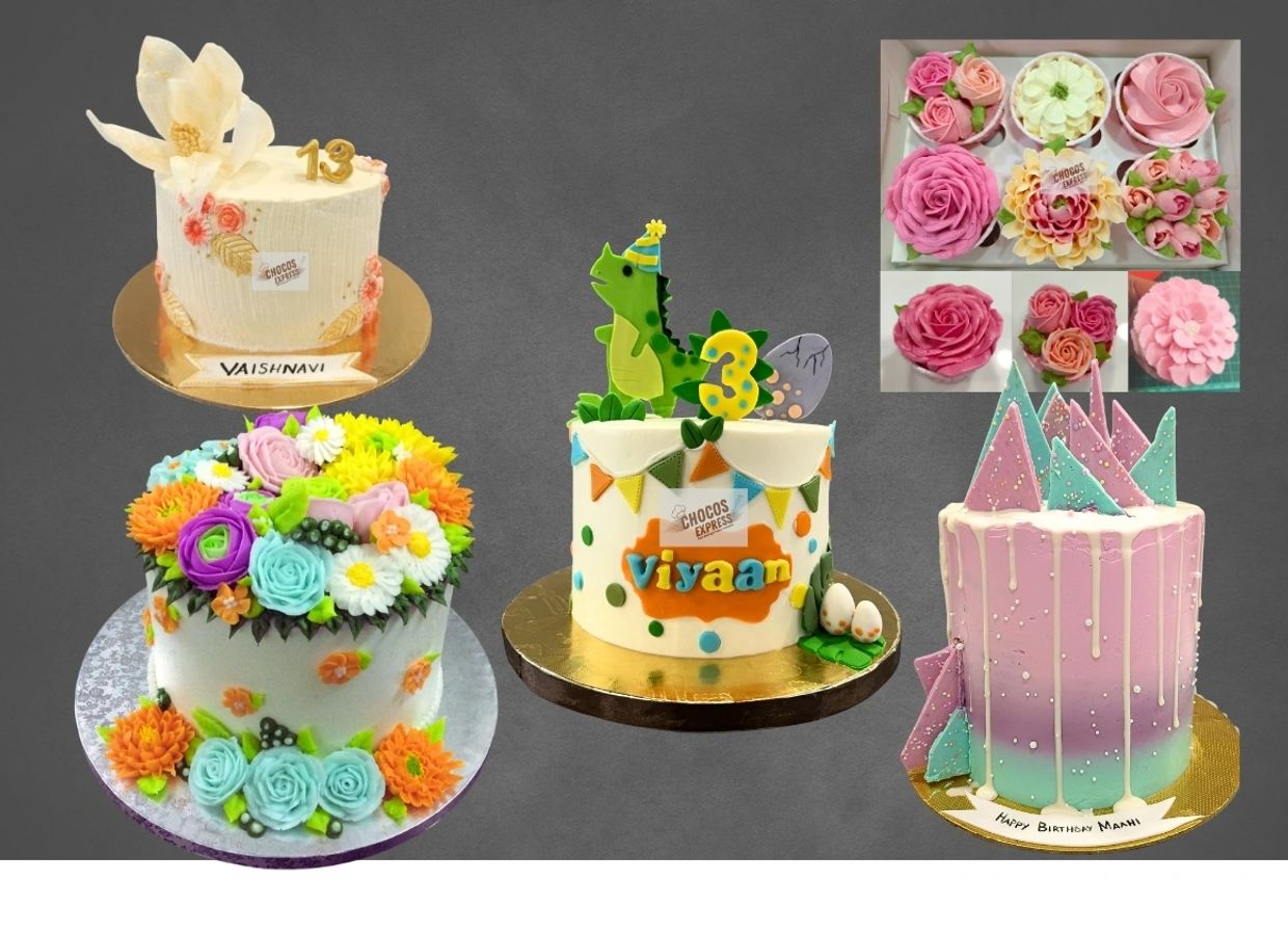 Colorful and themed birthday cakes with floral and dinosaur designs.