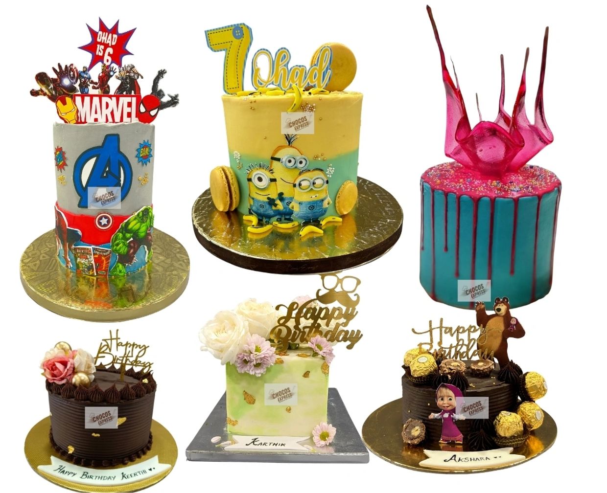 Collection of six vibrant themed birthday cakes with various decorations.