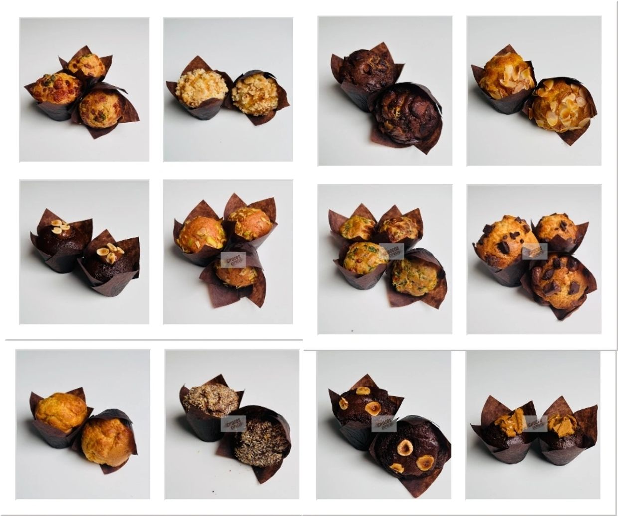 Multiple sets of assorted muffins on a white background.