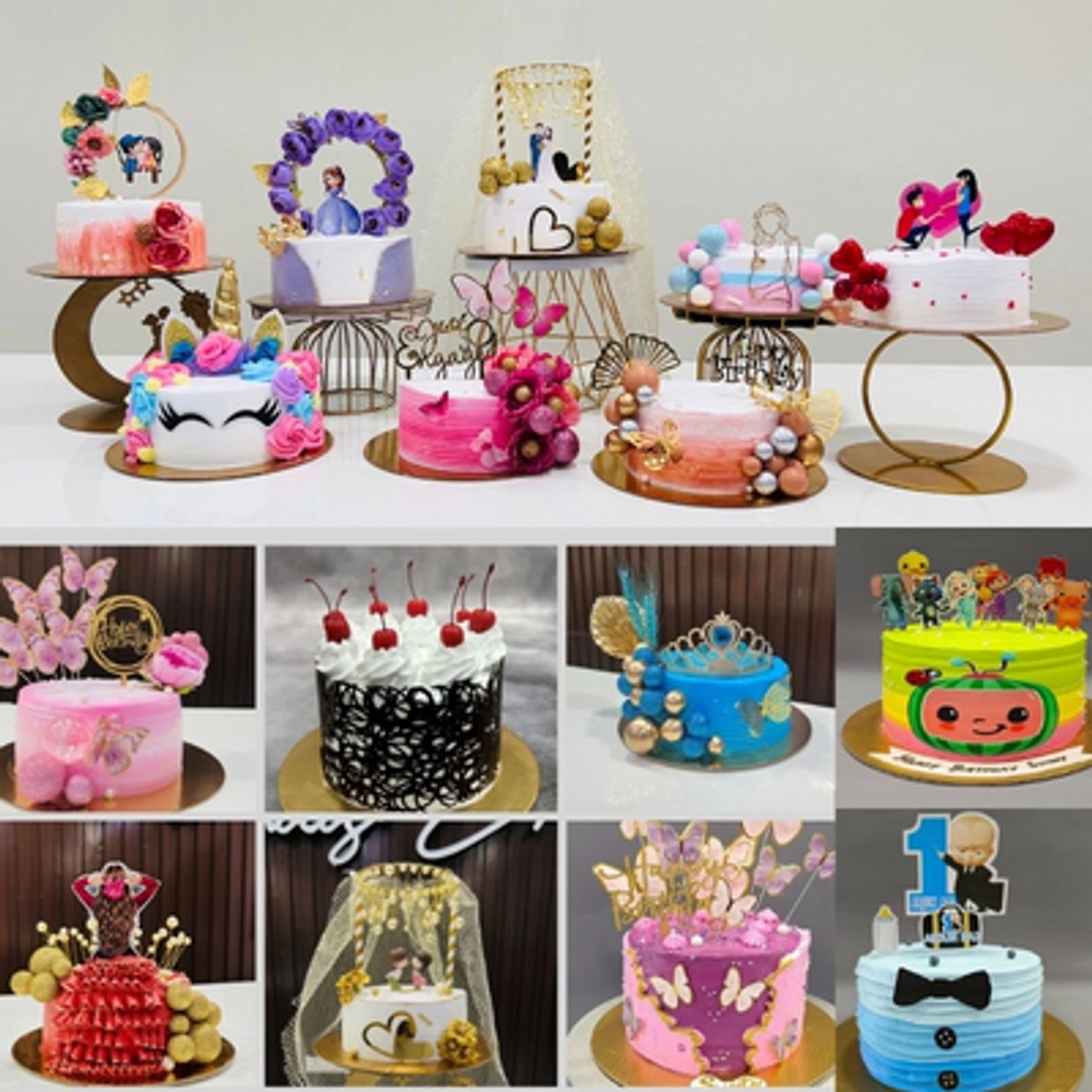 Various decorated celebration cakes arranged in a grid.