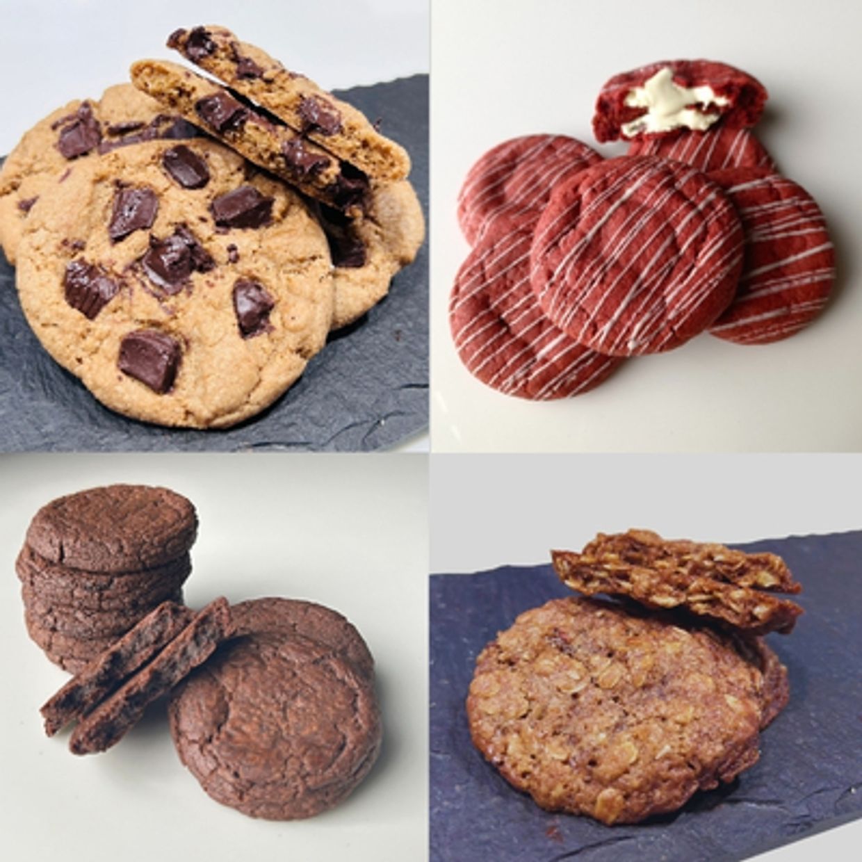 Four types of cookies arranged in a grid.