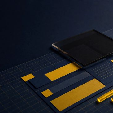 Abstract dark navy strategy workspace with solar-yellow design markers.
