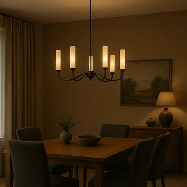 Cozy dining room with warm lighting and wooden furniture.
