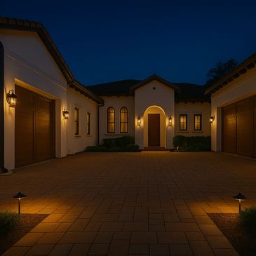 Elegant house entrance with warm outdoor lighting at night.