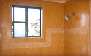 Corian Aztec Gold shower with tile inlay (2008)