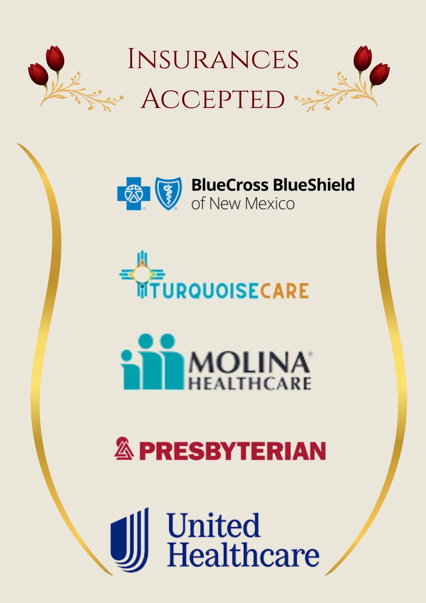 List of accepted insurance providers with decorative floral design.