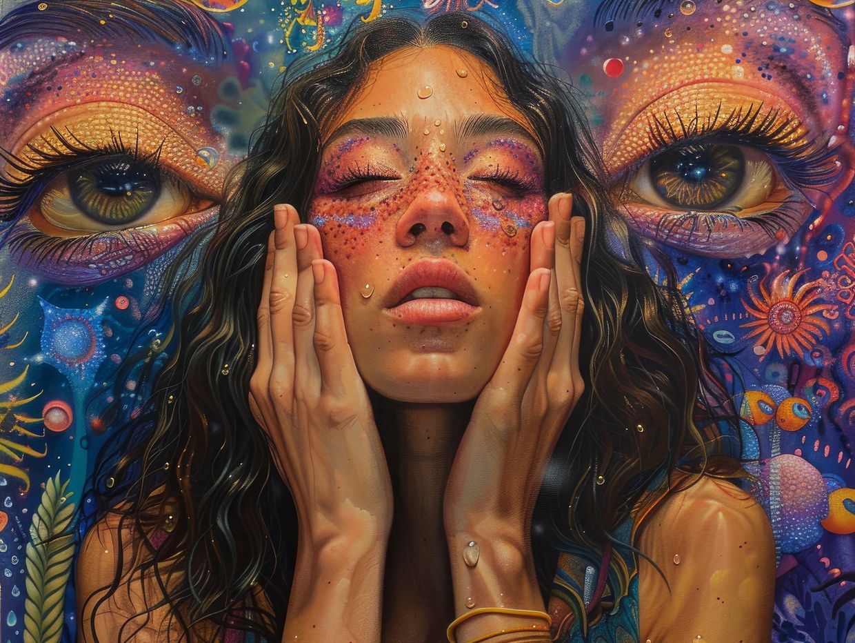 Surreal portrait of woman with closed eyes and vibrant cosmic background.
