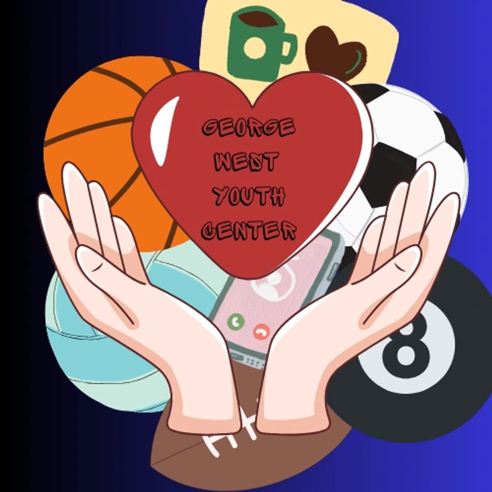 Hands holding a heart with 'George West Youth Center' surrounded by sports balls and icons.