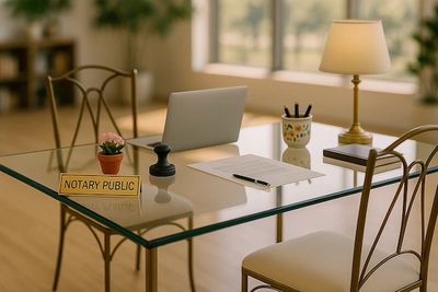 Glass desk with laptop, document, pen, notary stamp, book, and flower pot.