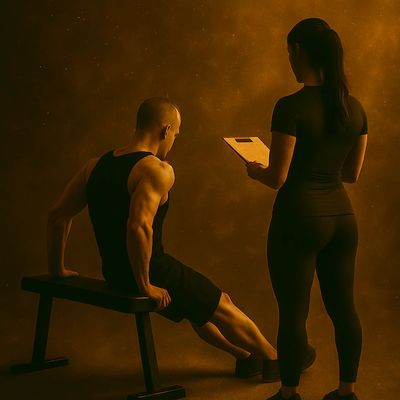 Trainer watches as man performs bench dips in golden-lit space with floating dust."


