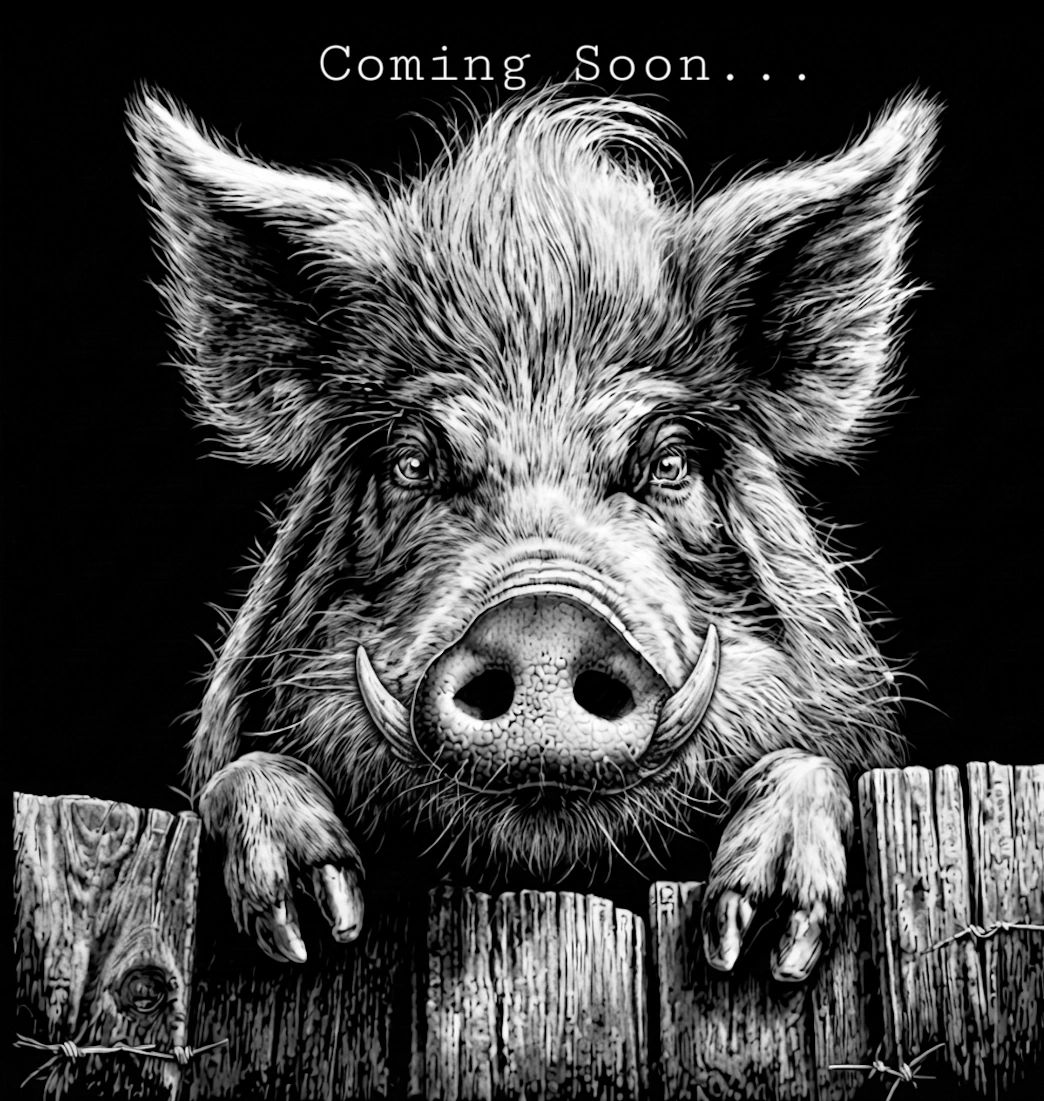 Black and white illustration of a wild boar with "Coming Soon..." text.