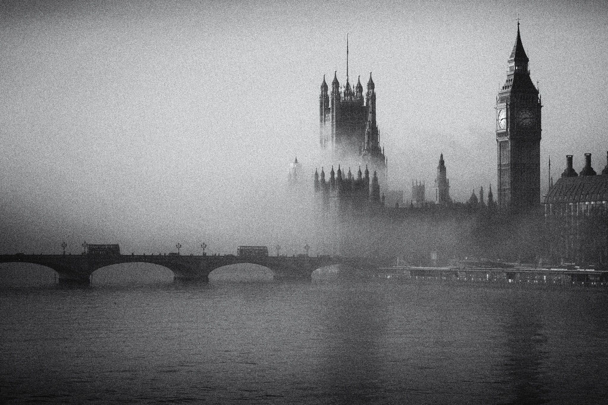 Foggy view of Big Ben and Westminster in London.
