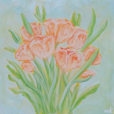 Soft pastel painting of peach tulips with green leaves on light blue background.
