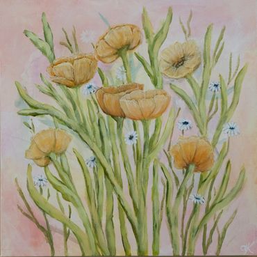 Soft watercolor painting of yellow flowers and green stems on a pastel background.