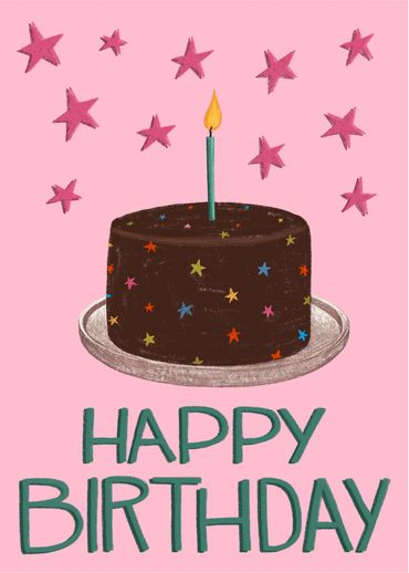Illustration of a chocolate birthday cake with one candle and pink stars on a pink background.
