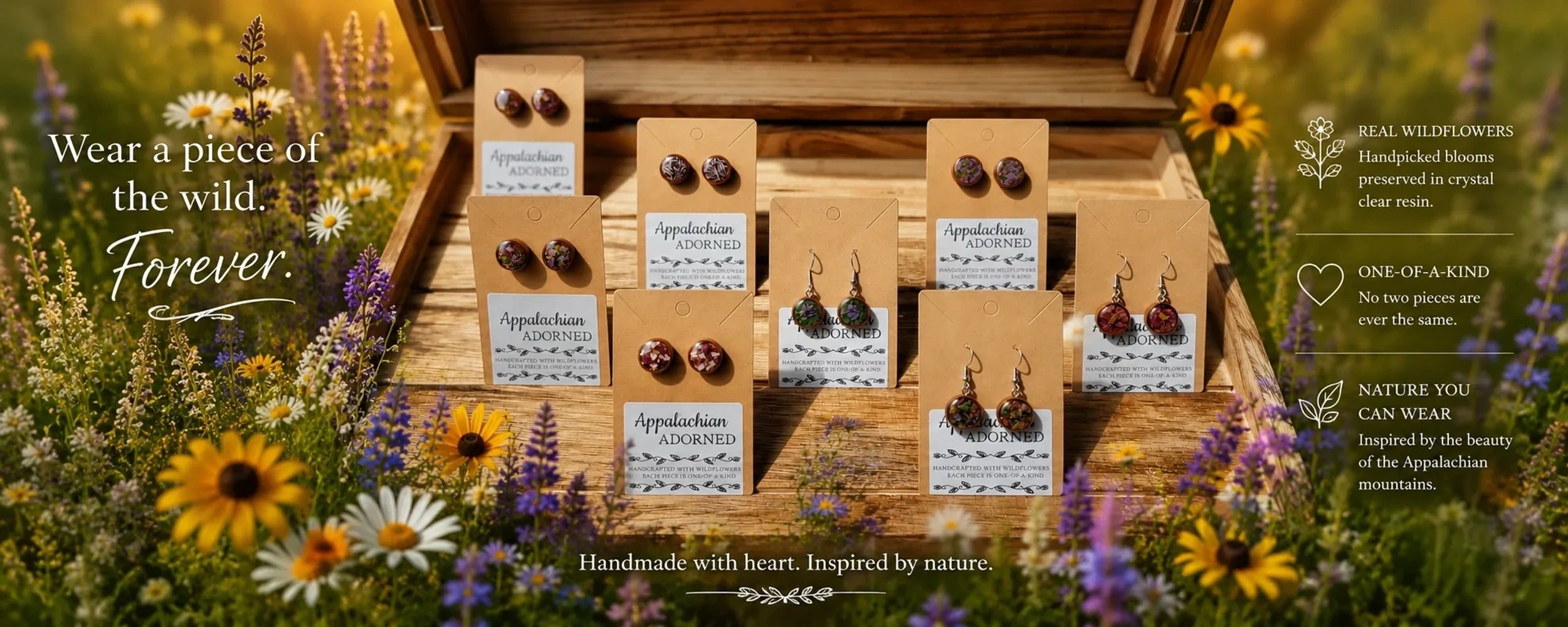 Handcrafted wildflower earrings inspired by Appalachian nature.