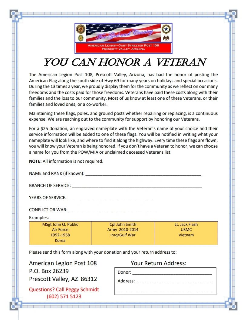 Veteran honor donation form from American Legion Post 108 in Prescott Valley, Arizona.