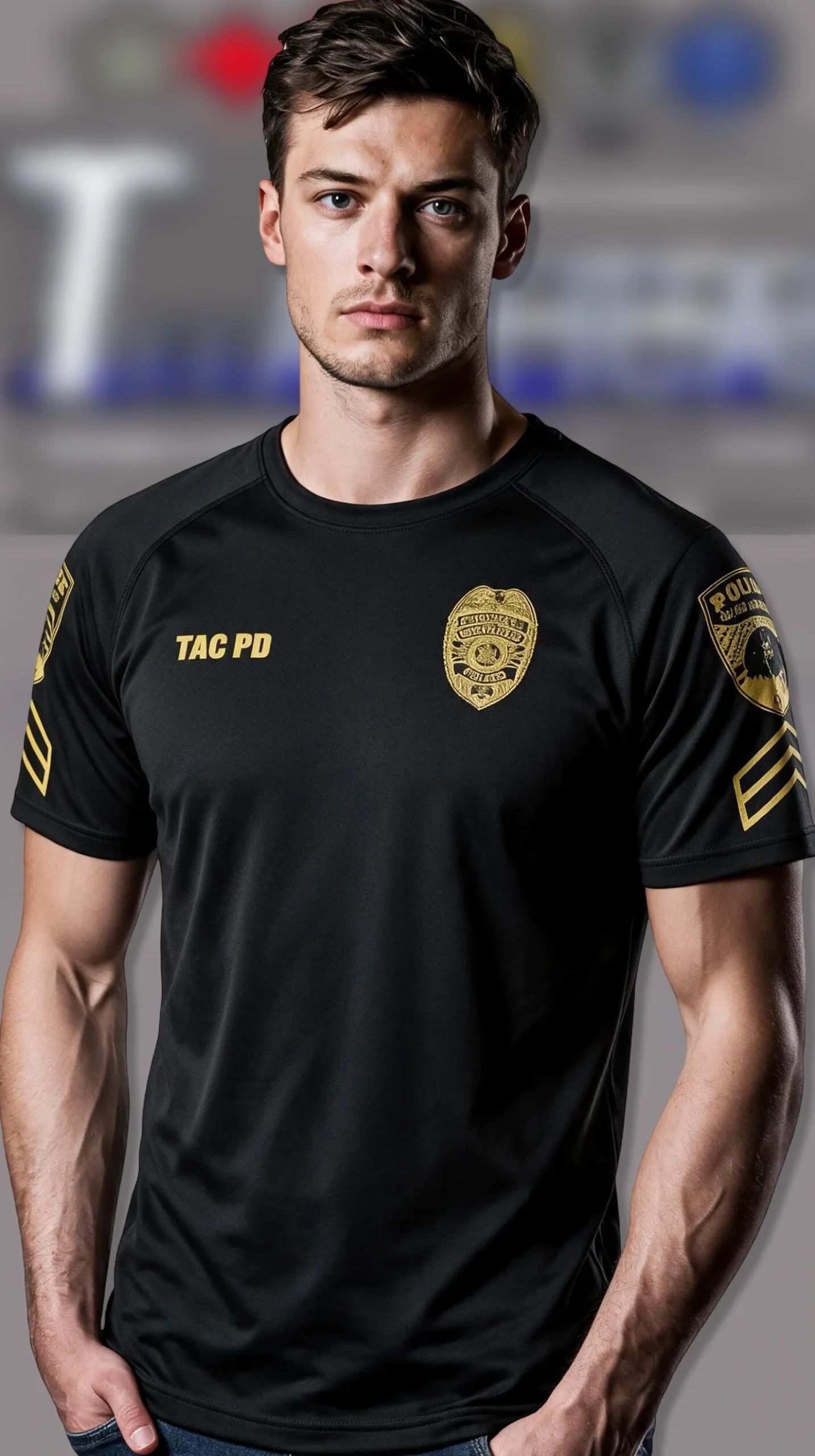 Young man in a police tactical unit shirt.