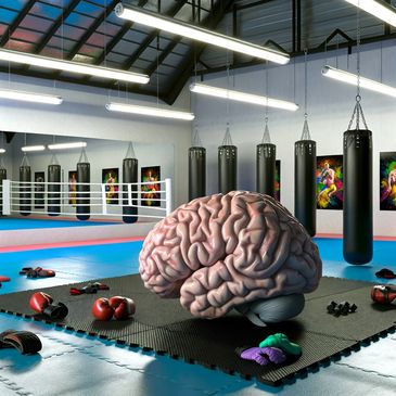 A brain model in a boxing gym surrounded by gloves and punching bags.