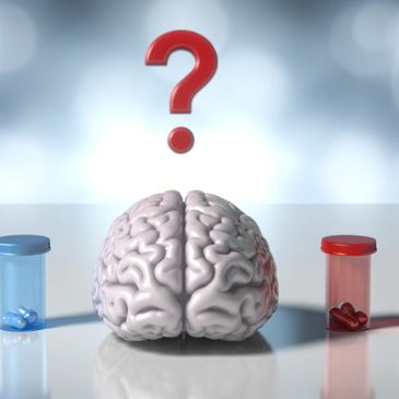 Brain with question mark and pill bottles symbolizing decision.