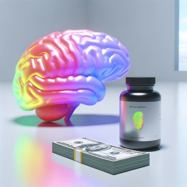 Colorful brain, pill bottle, and stack of cash on a white table.