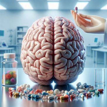 A brain surrounded by various pills and capsules.
