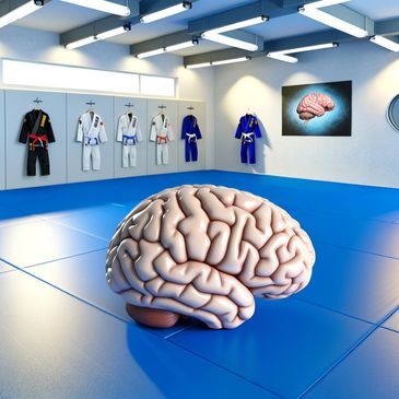 A brain in a martial arts dojo with uniforms on the wall.