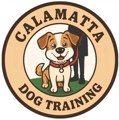 Logo of Calamatta Dog Training with a happy cartoon dog and trainer silhouette.
