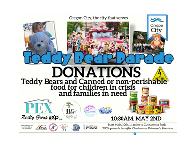 Flyer announcing Teddy Bear Parade donations in Oregon City on May 2nd.