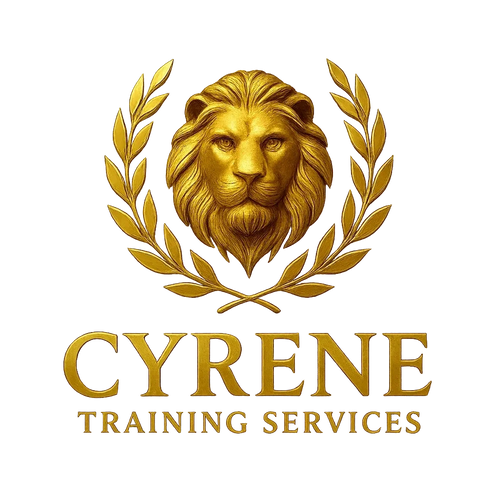Gold lion head logo with laurel wreath and text 'CYRENE TRAINING SERVICES'.