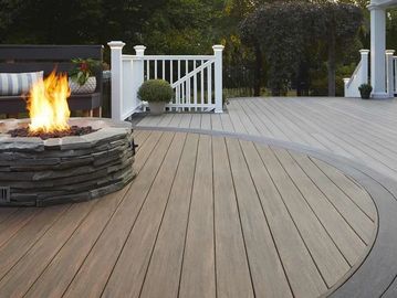 Outdoor deck with fire pit and seating area.