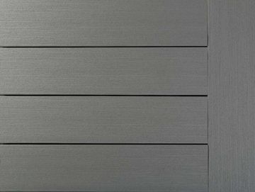Close-up of a gray wooden panel with horizontal slats.