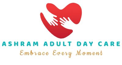 Logo of Ashram Adult Day Care with heart and hands.