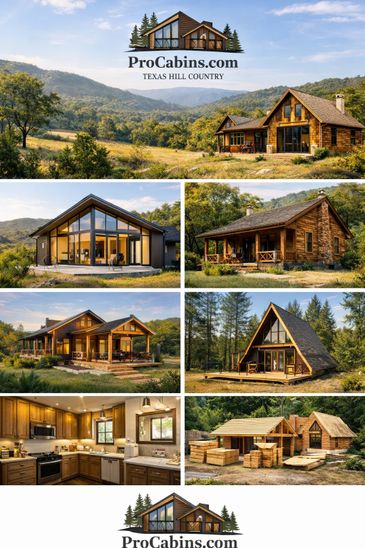 A collage showcasing various rustic and modern cabins in Texas Hill Country.