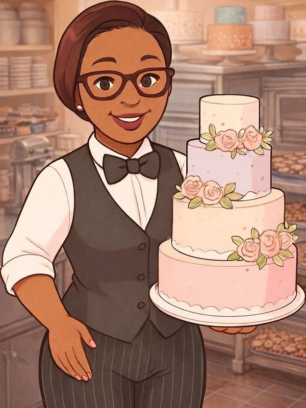 Smiling baker holding a decorated three-tier cake.