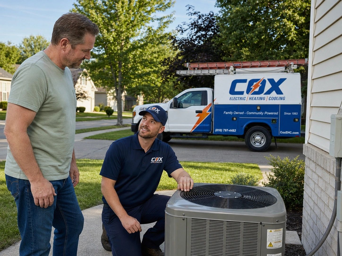 Cox technician discussing AC service with homeowner in Southeast Michigan. Also serving Oakland, MI