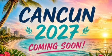 Cancun 2027 announcement with tropical beach sunset.