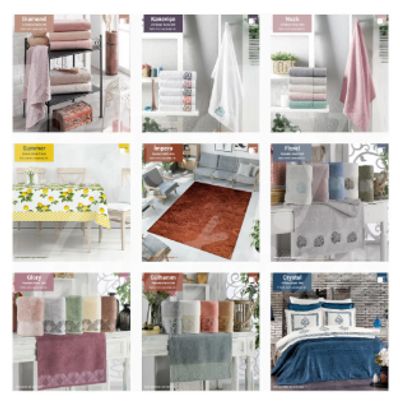 Collection of colorful towels, rugs, and bedding sets displayed in a collage.