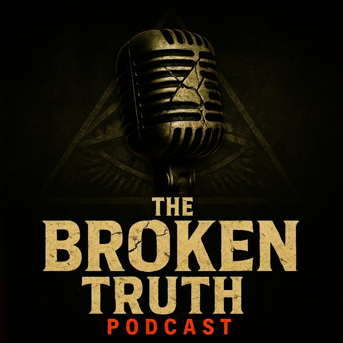 A cracked vintage microphone with 'The Broken Truth Podcast' title beneath it.