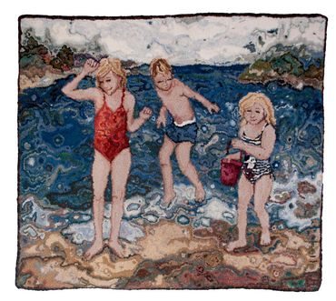 Grandchildren at the Lake (commission) Hand-Hooked wool, cashmere on linen wool binding.  42" x 37”