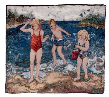 Grandchildren at the Lake (commission) Hand-Hooked wool, cashmere on linen wool binding.  42" x 37”
