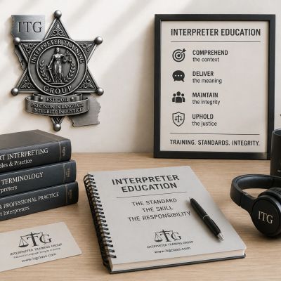 Interpreter education materials and tools on a desk.