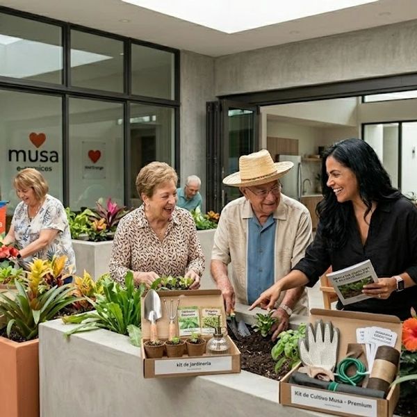 Seniors and caregiver enjoy gardening together indoors.