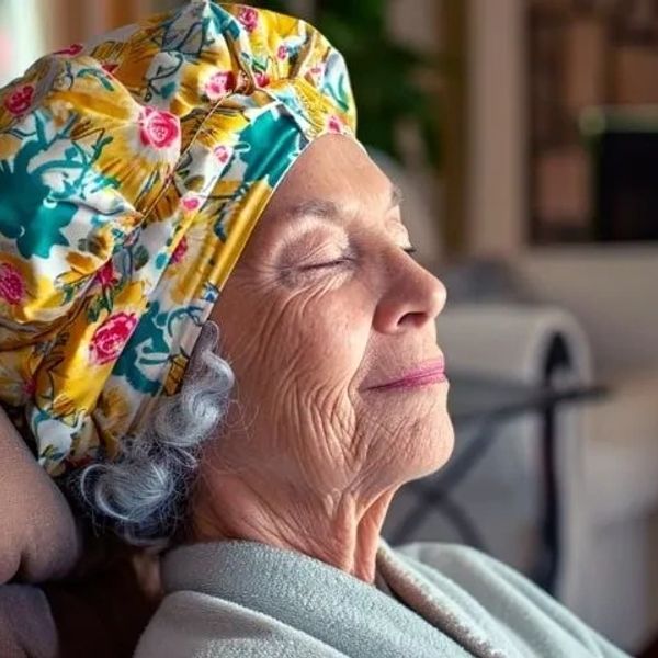 Elderly woman with colorful headscarf resting peacefully.