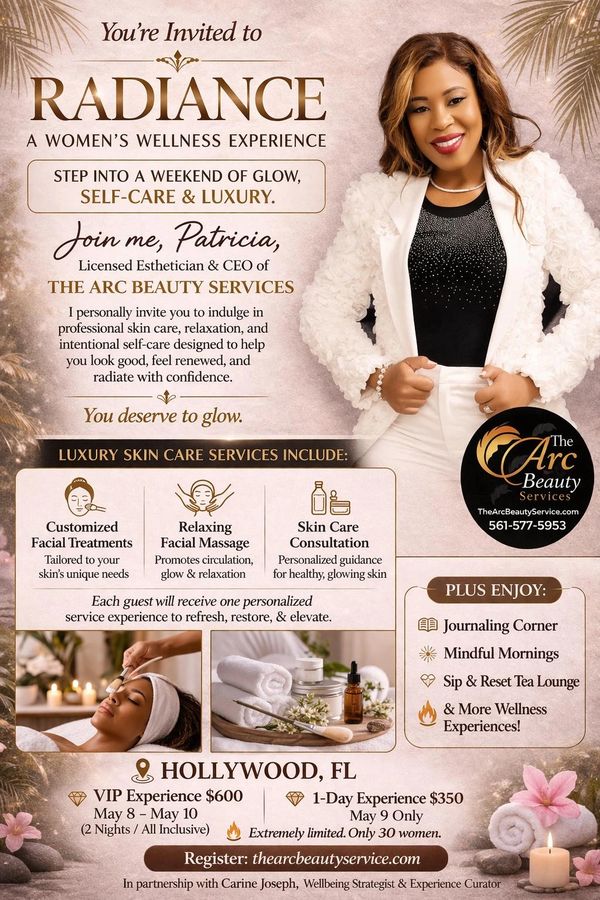Invitation to Radiance, a women's wellness weekend with skin care, relaxation, and luxury in Hollywood, FL.