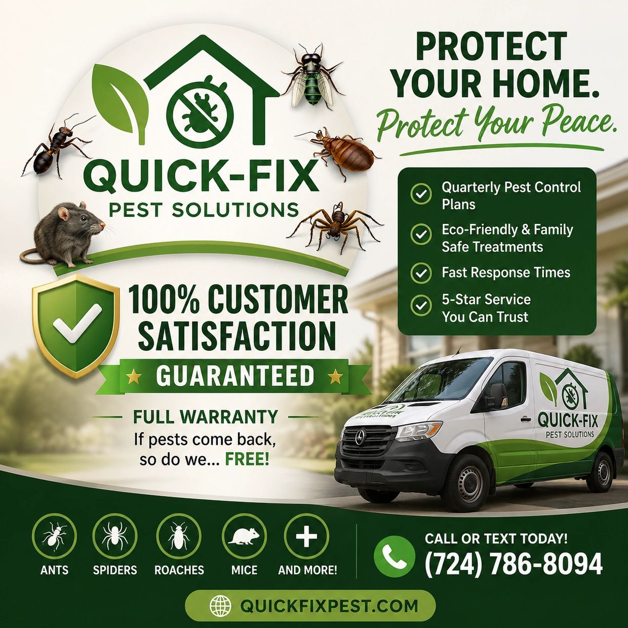 Quick-Fix Pest Solutions offers eco-friendly pest control with 100% satisfaction guaranteed.