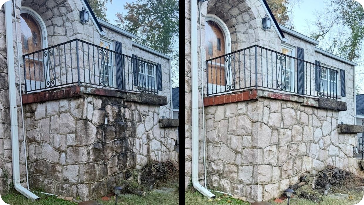 Before and after cleaning of a stone house exterior and balcony.