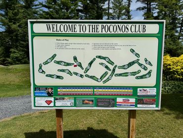 Welcome sign with golf course layout and rules at the Poconos Club.