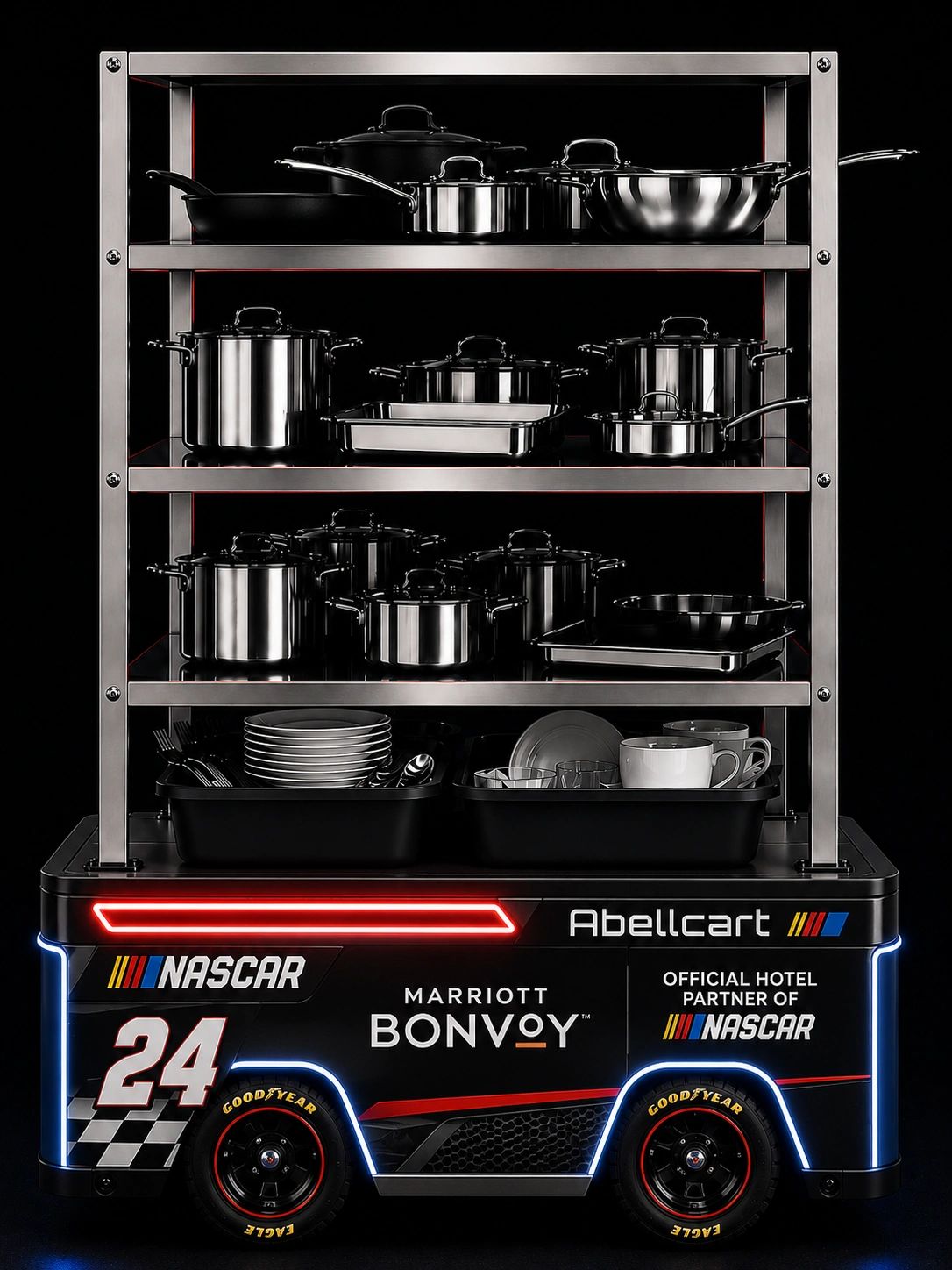 NASCAR-themed kitchen cart with cookware and dishes.